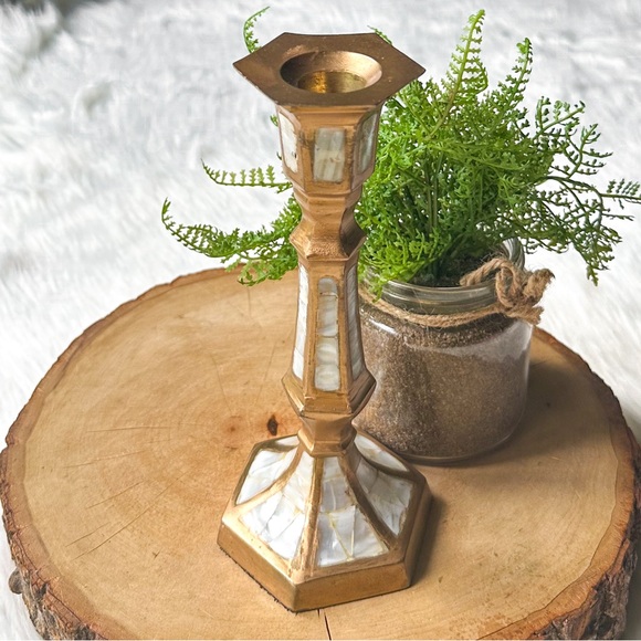 Vintage Brass and Mother of Pearl Inlay Candleholder Taper Candle India - Picture 1 of 6
